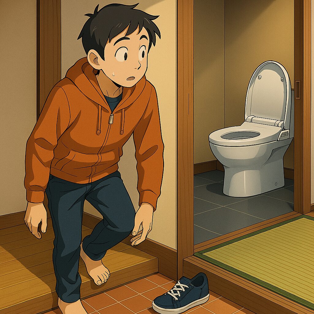 Anime-style illustration of Japanese home entrance and high-tech toilet